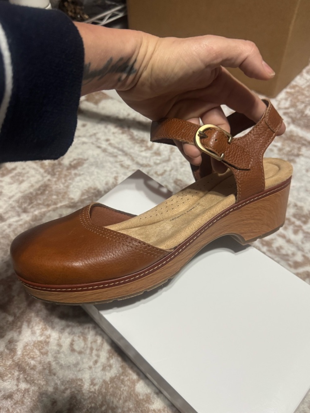 Clarks Brown Leather Platform Mary Jane with Buckle